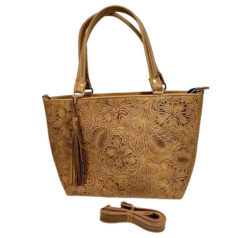 Elegant Floral Embossed Brown Tote Bag